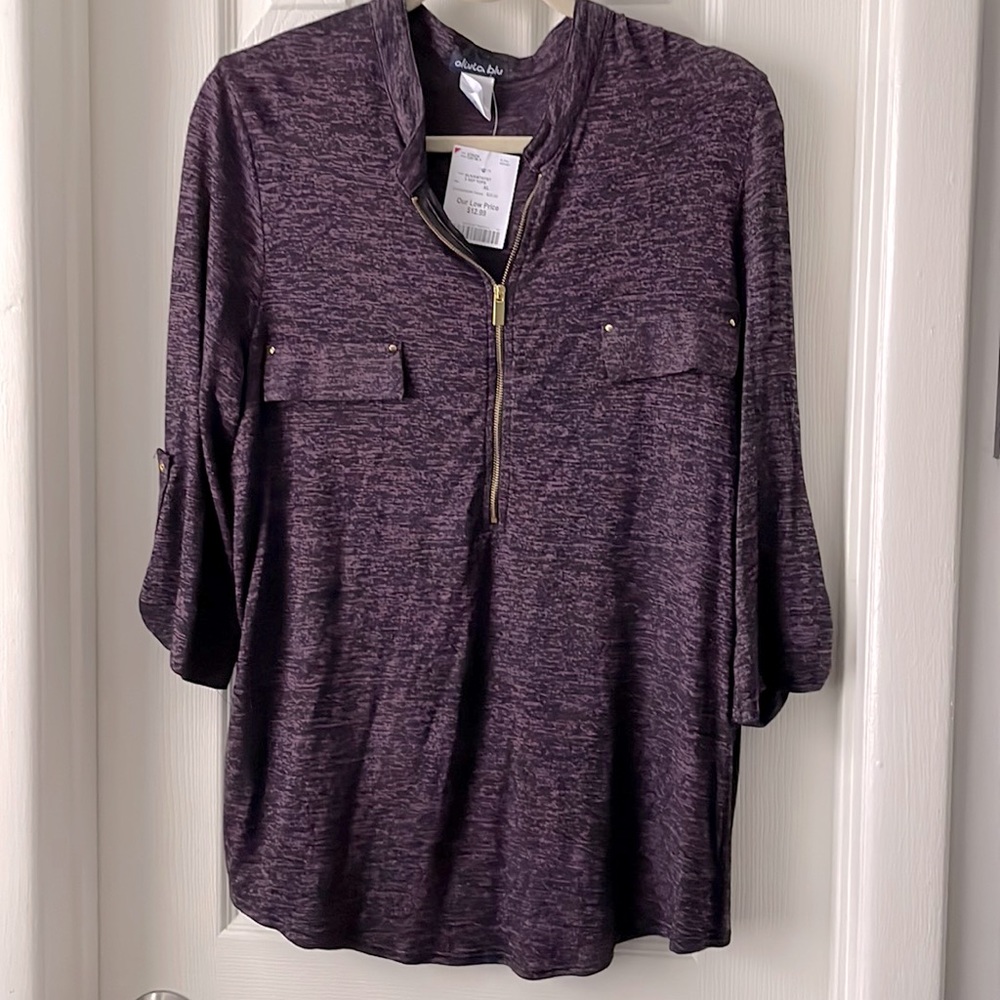 Olivia Blue marled purple gold zip front tie back top size XL brand new